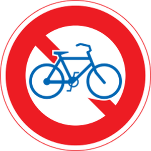 Official Japanese no-bicycles sign: white circle, red ring and slash over a bicycle